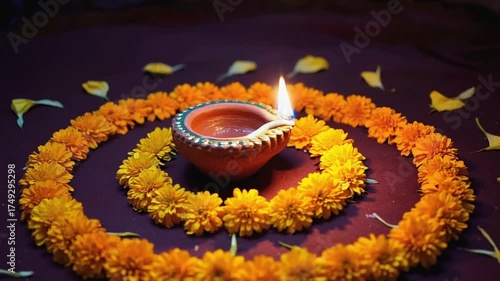 Illuminated Oil Lamp with Flame on Brass Tray Surrounded by Orange Flower Petals in a Dark Setting for a Hindu Celebration
