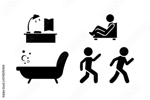 Pictogram set featuring work, relaxation, and exercise