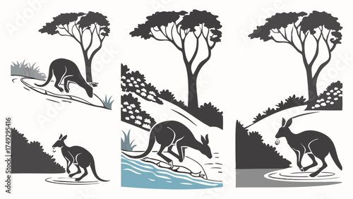 Retro Woodcut Style Graphic Illustration Set of Australian Kangaroos Running and Drinking Water in the Bush Wildlife Silhouette