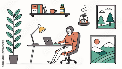 Focused Woman Working Remotely on Laptop in Minimalist Home Office Setup Cozy Workspace Productivity Illustration