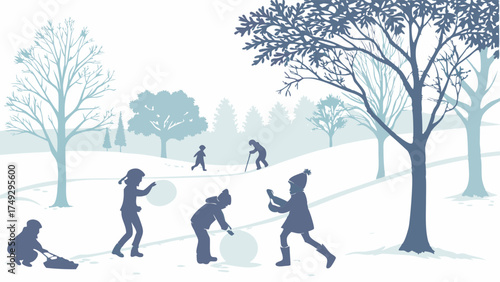 Joyful Children Playing Snowball Fight in Winter Park, Family Fun, Outdoor Recreation, Seasonal Activity, Winter Wonderland, Childhood Memories, Active Lifestyle, Cold Weather Fun, Active