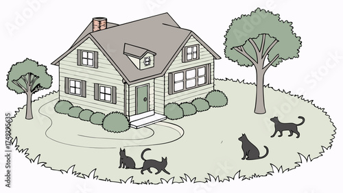 Cozy Suburban Home with Pets Playing in Yard, Ideal for Real Estate, Family Lifestyle, Pet Care, and Community Marketing Campaigns