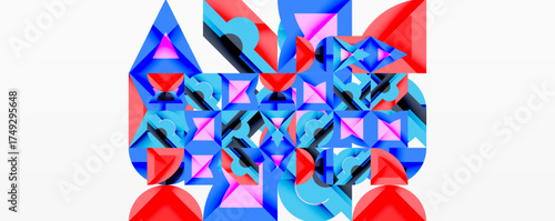 Abstract geometric composition. Triangles, squares overlap creating vibrant, colorful pattern. Modern digital art style.