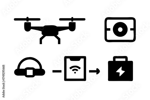 Drone icons showing camera, headset, wifi, and bag