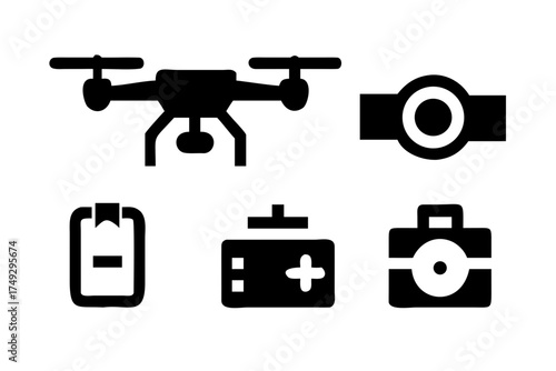 Drone icons showing watch, battery, controller, and bag