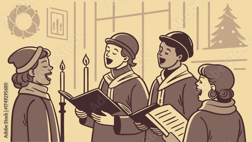Joyful Children Caroling Christmas Carols, Spreading Holiday Cheer, Festive Season, Winter Warmth, Community Spirit, Inspiring Music, Vintage Style, Family Gathering, Winter Celebration