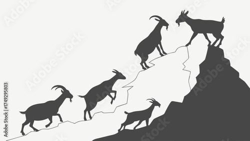 Goats Climbing Mountain Peak Symbolizing Success and Achievement for Business Growth and Teamwork Motivation in Corporate Settings