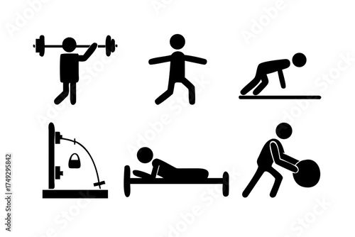 Collection of black and white stick figure exercise icons