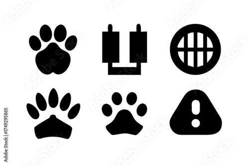 Collection of animal paw prints, tripod, sewer drain, and warning sign
