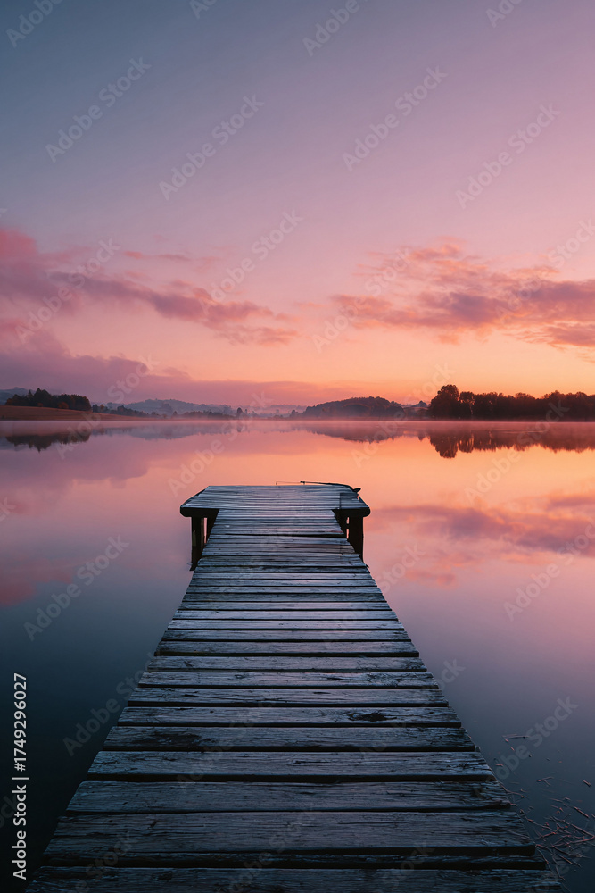Fototapeta premium A serene landscape featuring a wooden pier extending into a calm lake. Sunrisesunset hues paint the sky, reflecting on the waters surface. Evokes peace, tranquility, and escape.