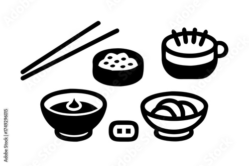 Assorted asian food icons, including bowls and chopsticks