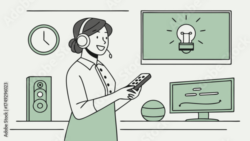 Customer Support Agent with Headset and Remote, Presenting Ideas on Screen for Online Service, Tech Support, and Digital Solutions, Inspiring Innovation and Client Satisfaction