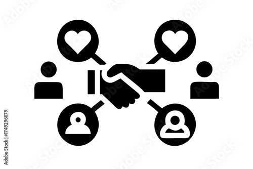 A handshake surrounded by people and hearts