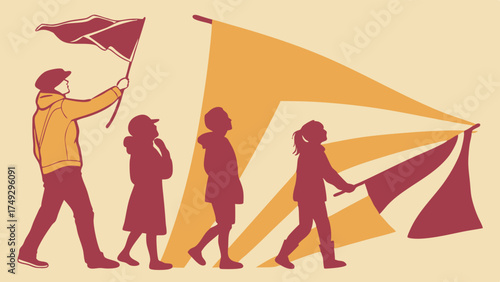 Children Following Leader with Flags, Inspiring Youth Movement, Teamwork, Future Leaders, Education, Community Parade, Hopeful Journey, Positive Direction