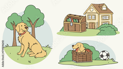Golden Retriever Dog Playing Outdoors Near House and Treasure Chest, Happy Pet Joyful Lifestyle, Family Fun, Summer Activities, Backyard Adventures, Cute Animal Companionship, Outdoor