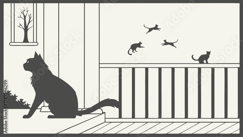Curious Black Cat Watching Playful Kittens Leap on Balcony Railing, Evoking Joyful Childhood Memories and Whimsical Home Decor Inspiration for Pet Lovers