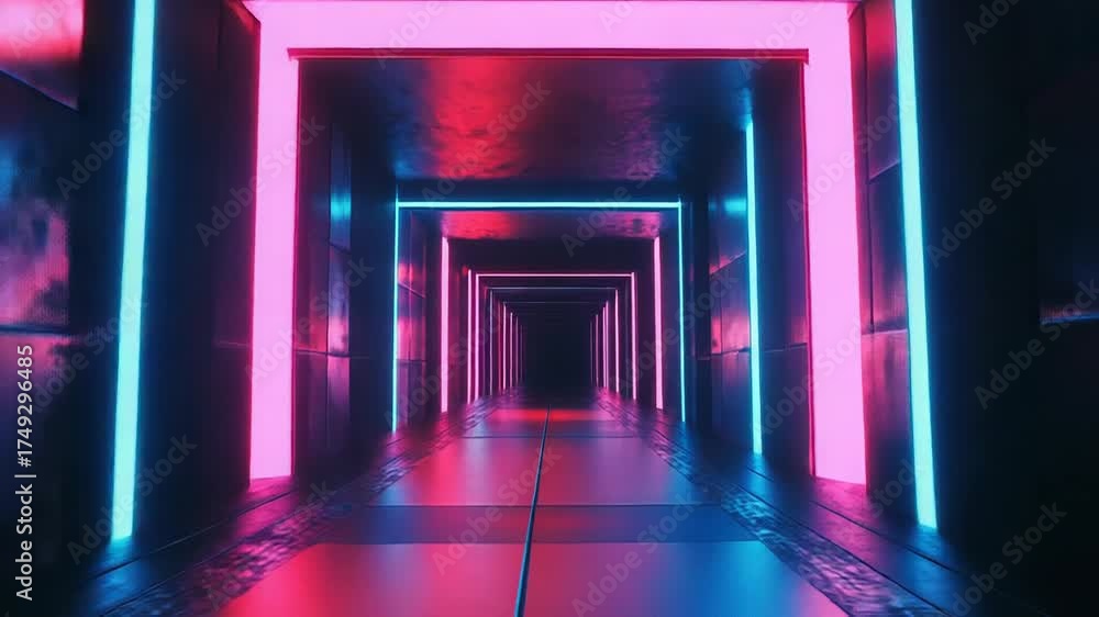 Futuristic neon lit cyberpunk tunnel creating an abstract portal