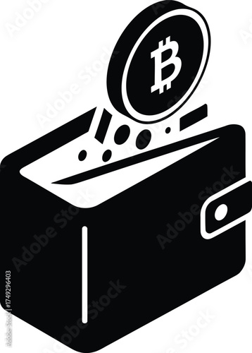 Isometric black and white icon of a wallet with bitcoin coins being deposited into it