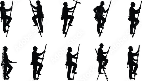 Construction workers climbing ladders safety silhouettes with hard hats and tools, industrial teamwork vector illustration for training, workplace, ergonomic design