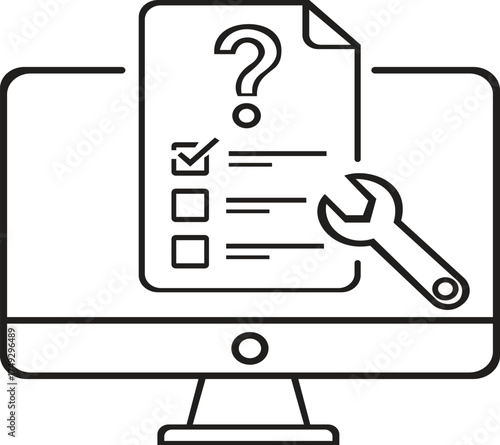This illustration features a computer monitor displaying a checklist with a question mark and a wrench, symbolizing digital support and troubleshooting. It represents the concept of technical assistan