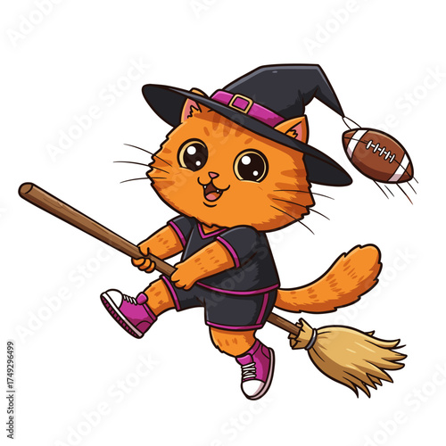 Cartoon orange cat in witch costume flying on a broomstick, cheerful expression with football in the air.