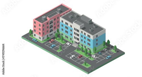 Isometric illustration of modern apartment complex with parking area and green spaces