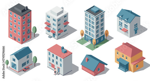 Collection of isometric urban and suburban buildings with minimalist design