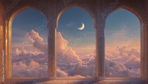 Vibrant photo of a dreamy sky seen through archways at dusk