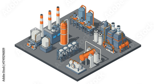 Industrial plant isometric design with machinery and pipes in blue and orange