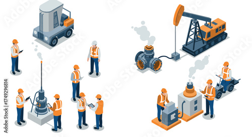 Isometric oil industry workers and equipment in action