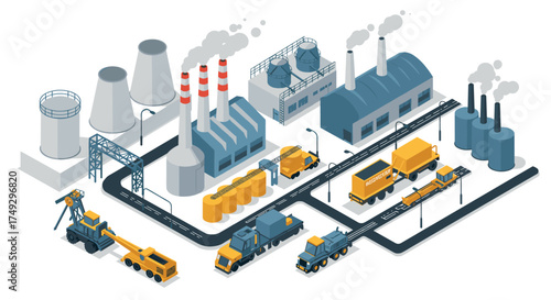 Industrial facility isometric design with factories, trucks, and machinery