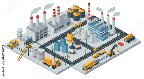 Isometric industrial factory scene with manufacturing equipment and vehicles
