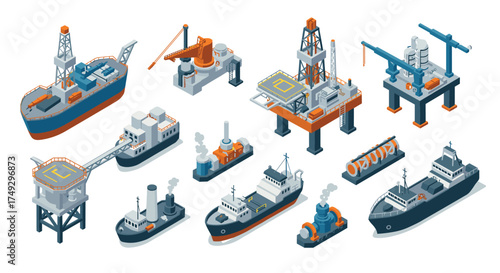 Isometric offshore oil industry elements set with drill rigs and supply vessels