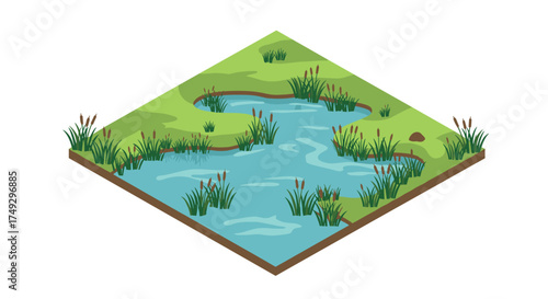 Isometric pond scene with reeds and grassland