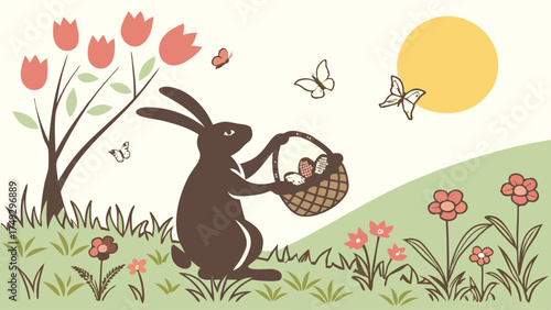 Easter Bunny with Basket of Eggs in Spring Meadow, Cheerful Garden Scene for Holiday Marketing, Website Design, Children's Books, Joyful Celebration