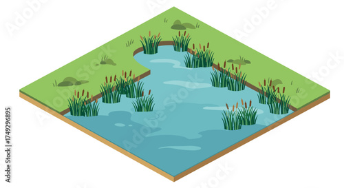 Isometric pond with greenery and reeds on grass