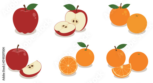Fresh apple and orange set with halves and slices on white background