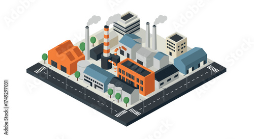 Isometric industrial cityscape with factories and smoke stacks