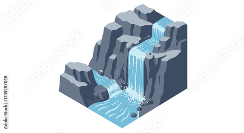 Isometric waterfall with cascading blue water amidst rocky terrain