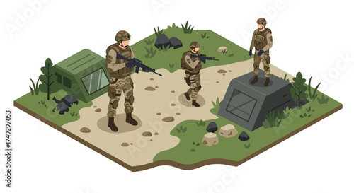 Isometric military scene with soldiers in tactical gear in outdoor setting