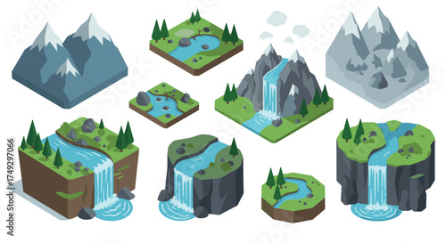 Isometric mountain and waterfall landscapes: collection of natural scenes