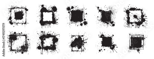 Hand drawn grunge square frames ink splatter elements black white artistic textured borders abstract spray paint effect decorative edges urban graffiti isolated clipart modern vector illustration