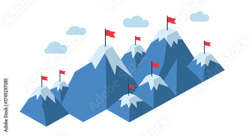 Flat style mountain peaks with red flags and snow caps in blue tones