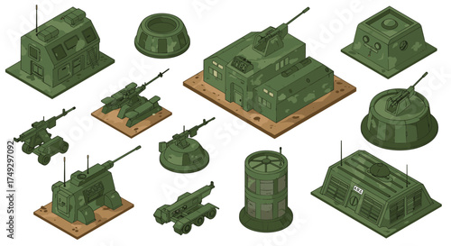 Isometric military defense elements: tanks, towers, and artillery in camouflage style