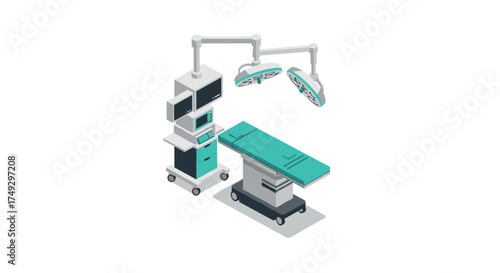 Isometric hospital operating room equipment with surgical table and monitors