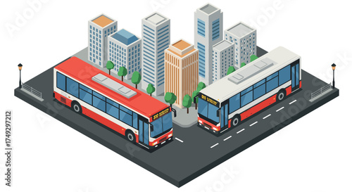 Isometric city scene with red and white buses on a street with skyscrapers and trees