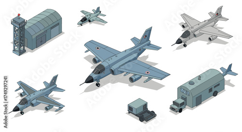 Isometric military aircraft and facilities with detailed jet models and hangars