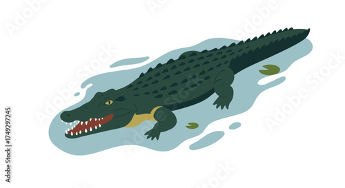Cartoon style crocodile floating in water with open mouth and sharp teeth