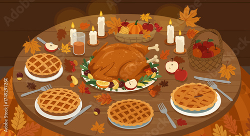 Warm and inviting Thanksgiving feast with roasted turkey, pumpkin pies, and autumn leaves creating a cozy gathering for friends and family to celebrate gratitude