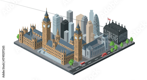 Isometric london cityscape with iconic landmarks and modern architecture